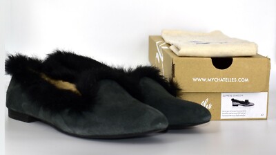 B4 Auth CHATELLES PARIS Simeon Suede W/Black Feather Trim Slippers Shoes  Size 42