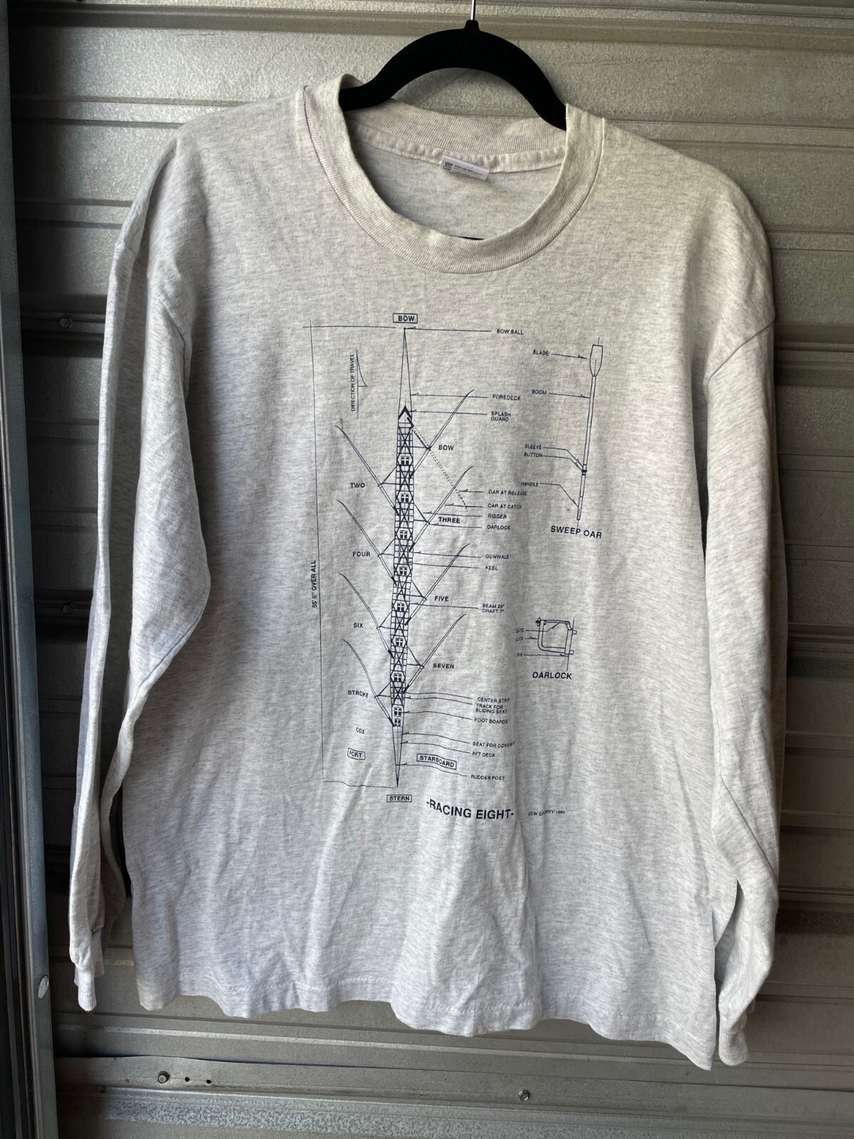 T shirt vintage racing otto canottaggio manica lunga fila diagramma barca blu stampa taglia L