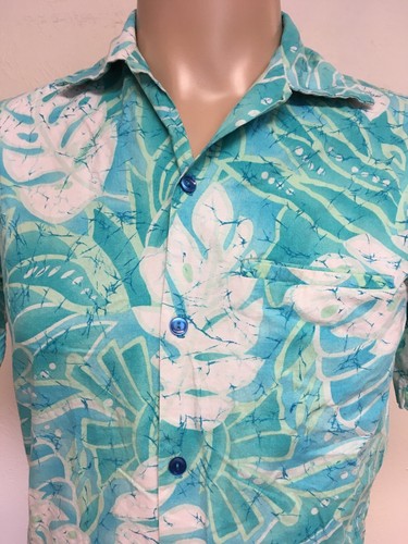 CAMICIA HAWAIANA vintage senza marchio floreale SEA FOAM VERDE bottoni blu S surf ALOHA - Foto 6 di 12