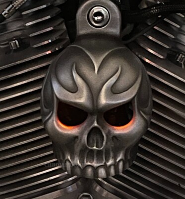 Harley horn cover Evil Twin skull in aged aluminum with Amber LED backlit eyes.