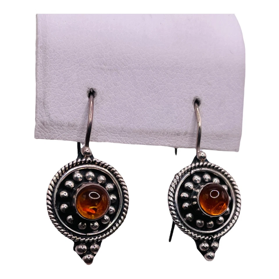 Natural Baltic Amber 925 Sterling Silver Hook Bali Drop Earrings Vintage - Image 4 of 4