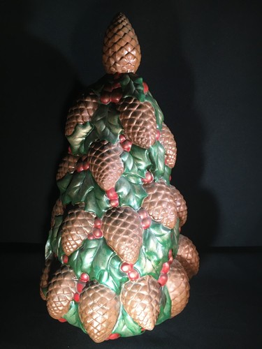 MCM Vintage Ceramic Christmas Tree Pine Cone Holly 16”H Centerpiece Hand Painted - Picture 5 of 16