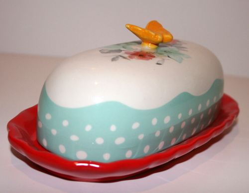 The Pioneer Woman Scalloped Butterfly Floral Red Multicolor Ceramic Butter Dish - Picture 3 of 5