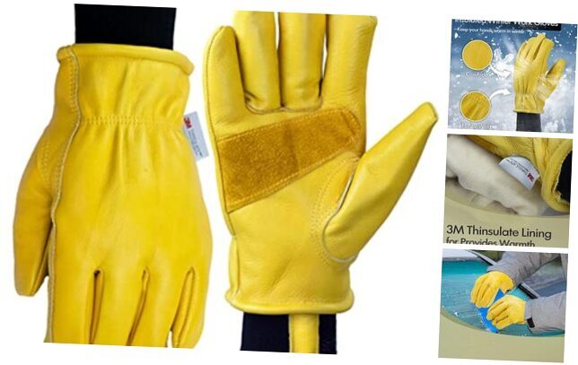 Insulated Leather Work Gloves for Men, Windproof X-Large Yellow Insulated