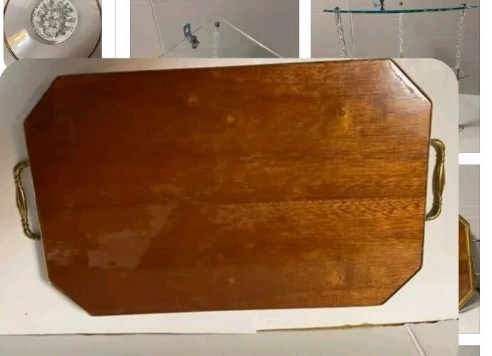 Bandeja estilo italiano incrustación de madera latón asas elegantes tapa de vidrio 16,5 x 9" servir Foto 4 de 4