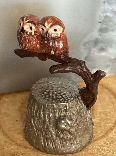 Thimble Vintage English Pewter Painted Pair Of Owls