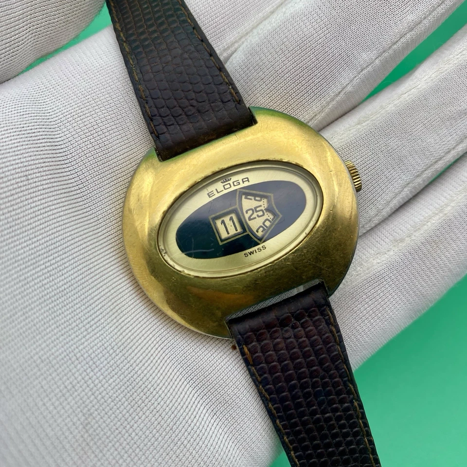 Reloj de colección Eloga Jump Hour para hombre de la era espacial hecho en Suiza años 70 chapado en oro 42 mm Foto 3 de 4