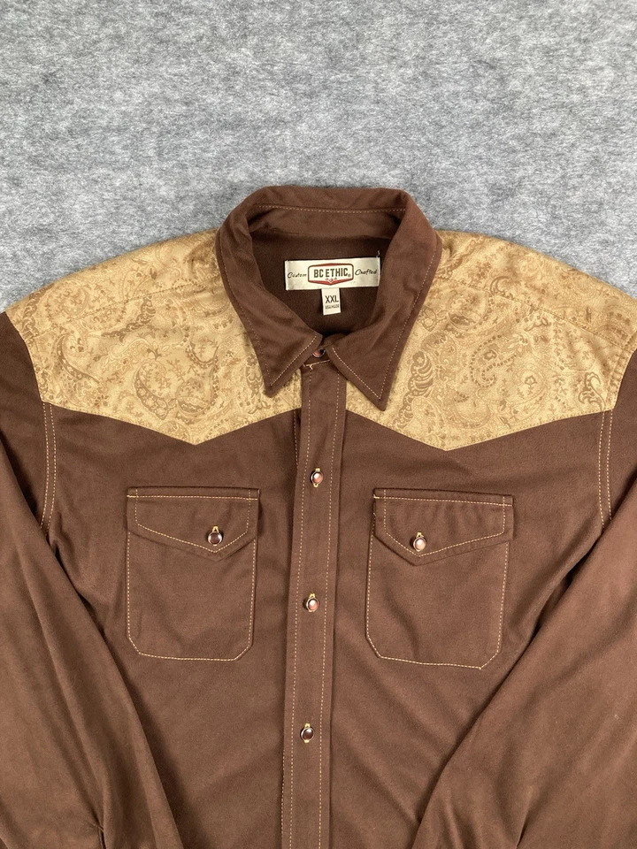 Vintage BC Ethic Mens Shirt 2XL Western Paisley Yoke Brown Retro Party Button Up - Image 2 of 4