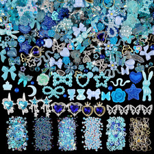 650Pcs 3D Nail Charms Set with Rhinestones, Pearls, and Metal Gems Blue 