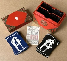 Vintage 1930s Red Lacquer Double Deck Bridge Playing Cards Box Brass Trim