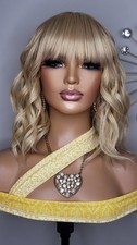 New 613 Hair Blonde Wavy Bob Bangs Style Full Cap Wig Heat Resistant Womens