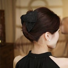 Jeelow 'Audrey' Medium Rhinestone Bow Claw Clip  Black Satin Hair Clip for Updo