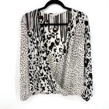 CAbi Faux Wrap Animal Print Blouse Women’s Small Long Sleeve Top Shirt