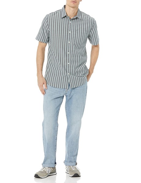 Amazon Essentials Herren Stretch-Popeline Kurzarm-Hemd Dunkelgrau/SalbeigrüN-image