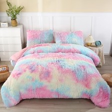 Shaggy Bedding Comforter Set Faux Fur Flannel Furry Comforter Full Rainbow