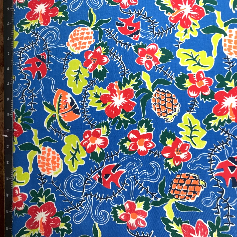 Lona Tropical Claro 60" Ancho Azul BG Flores Tropicales, Peces y Piña 1995 Foto 4 de 4
