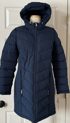 NWT Womens Tommy Hilfiger TH Logo Hooded Insulated Puffer Coat Navy