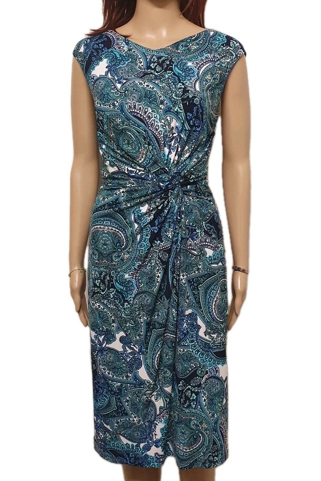 Anthea Crawford 12 Pencil Fit Dress . Emerald Multi .Stretch Fabric . Lined .  