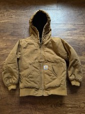 Carhartt Jacket Youth XS 6 Tan Canvas Hood Zip Up Quilted Interior