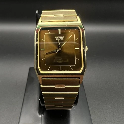 Vintage Seiko Tank Watch Mens Gold Tone Brown Sunburst Dial 26mm 5P31-5030