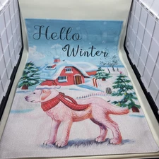 Hello Winter Dog Barn Garden Flag 12x18 Inch Double Sided