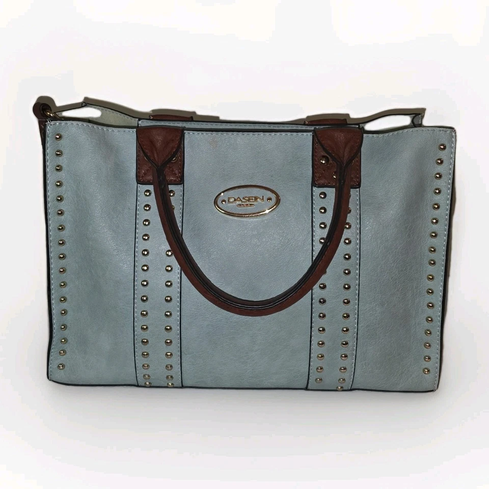 Bolsa de mão DASEIN de couro turquesa leve feita nos EUA com tachas de ouro X satchel grande - Imagem 4 de 4