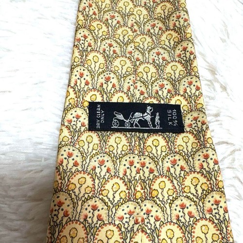 HERMES Floral Small Flower Pattern 100% Silk Tie Men Yellow Red Genuine USED - Picture 4 of 7