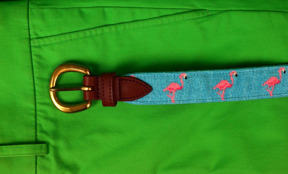 Hand-Needlepoint (16) Pink Flamingo Motif/ Aqua Belt