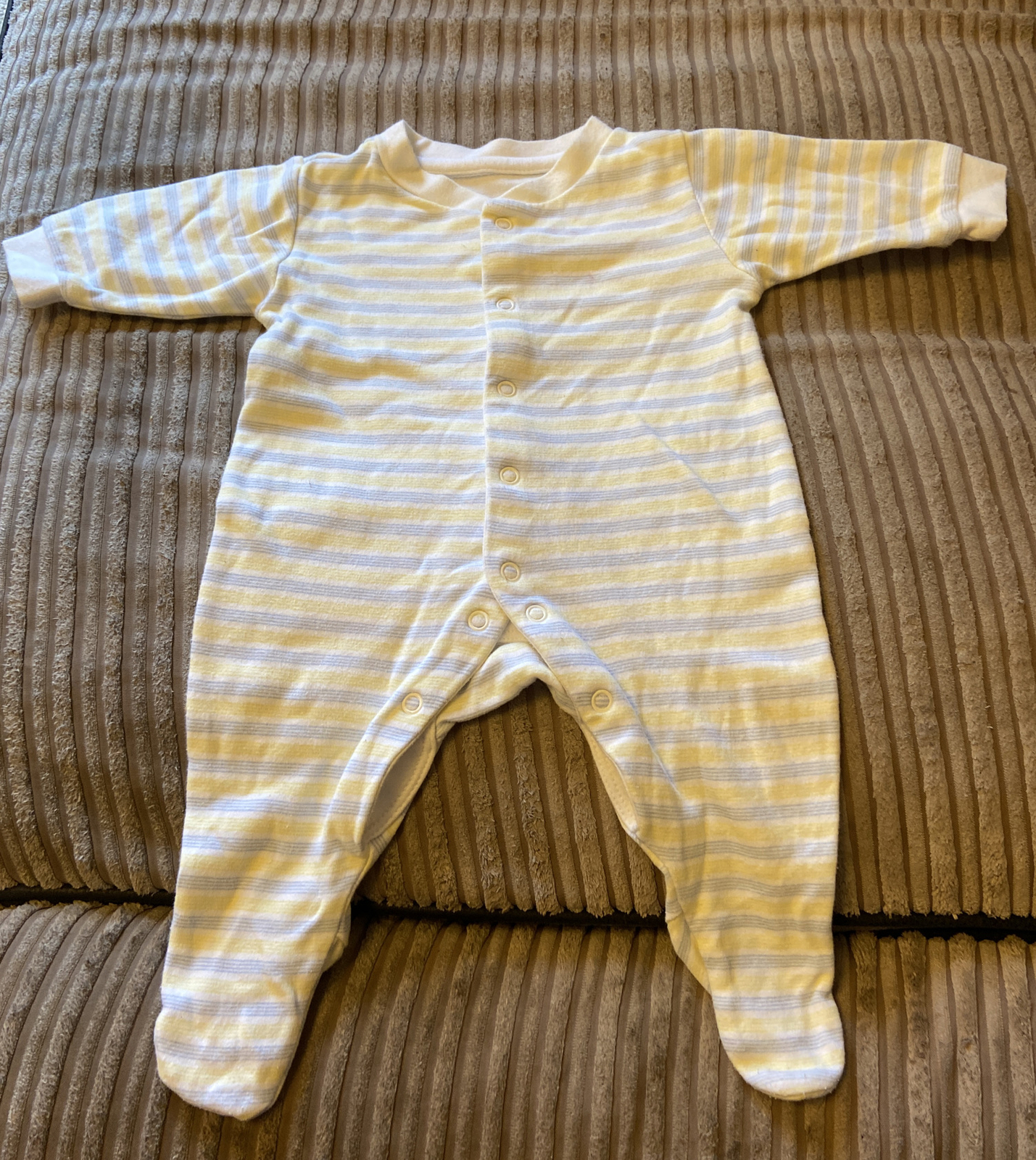 BABY GROW-0-3 MONTHS-YELLOW-BLUE-WHITE-STRIPE-UNISEX
