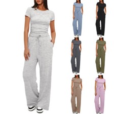 2pcs Casual Tracksuit Co-Ord Loungewear Set Short-sleeved Top and High-waisted D