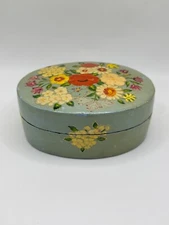 Vintage Kashmir Paper Mache Black Lacquer Egg Shaped Trinket Green Gold Floral