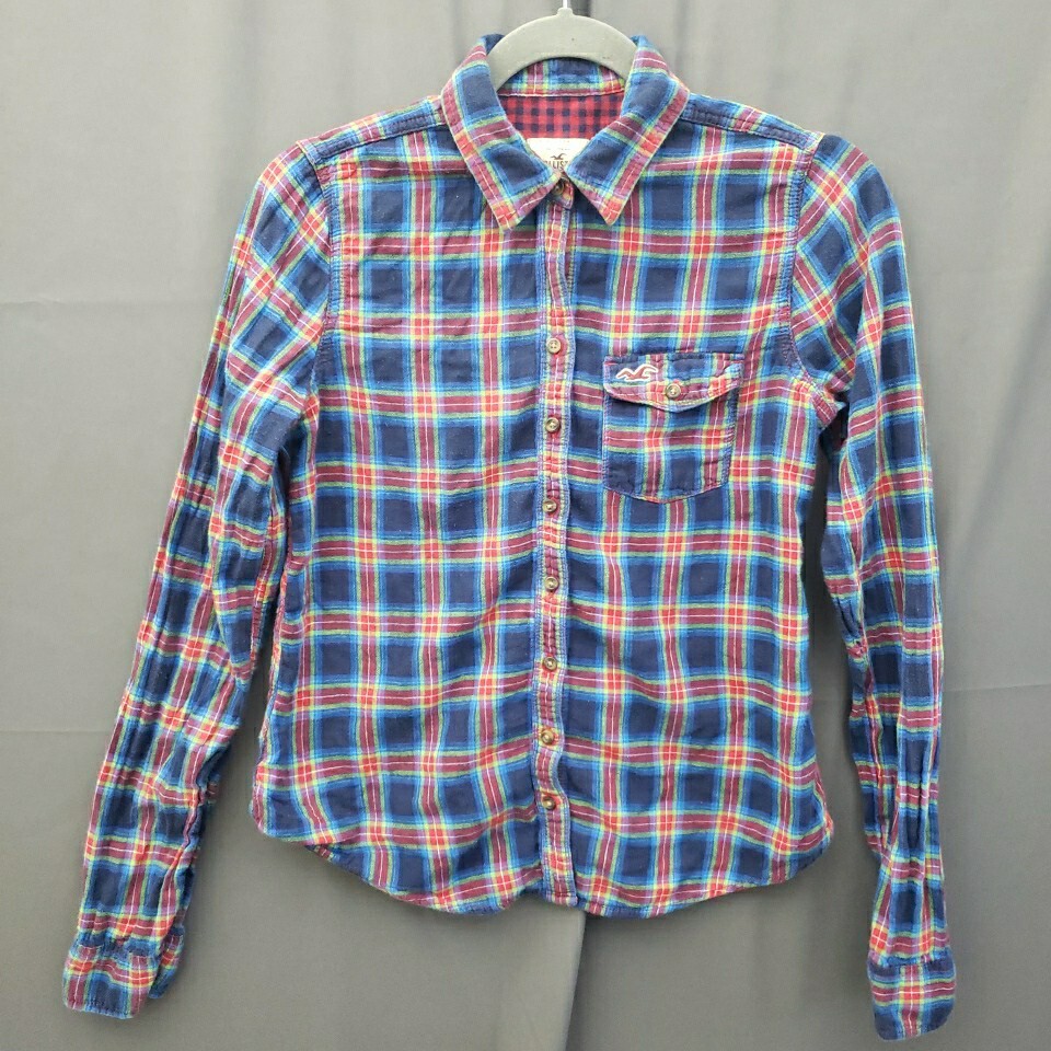 Hollister Flannel Shirt Womens Plaid Button Up Medium Blue Red Long Sleeve-image