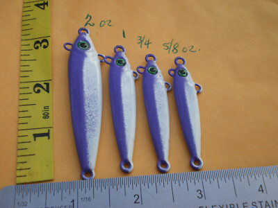 8 PCS ANCHOVY FISH JIG/SPOON STYLE 5/8, 3/4, 1, 2 OZ 2ea PURPLE/WHITE-4 EYELETS