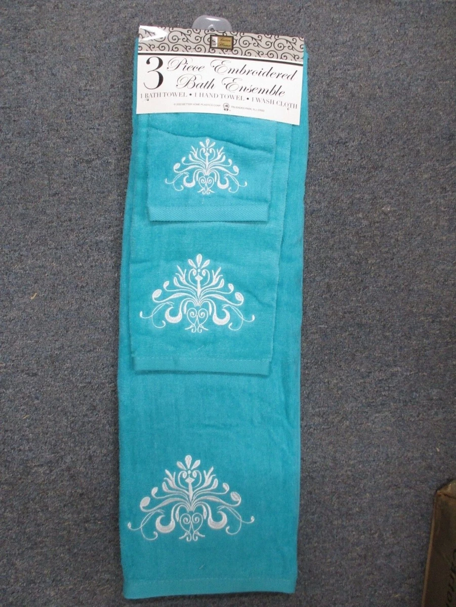 3 Piece 100 Cotton Embroidered Towel Set AQUA AND WHITE DESIGN