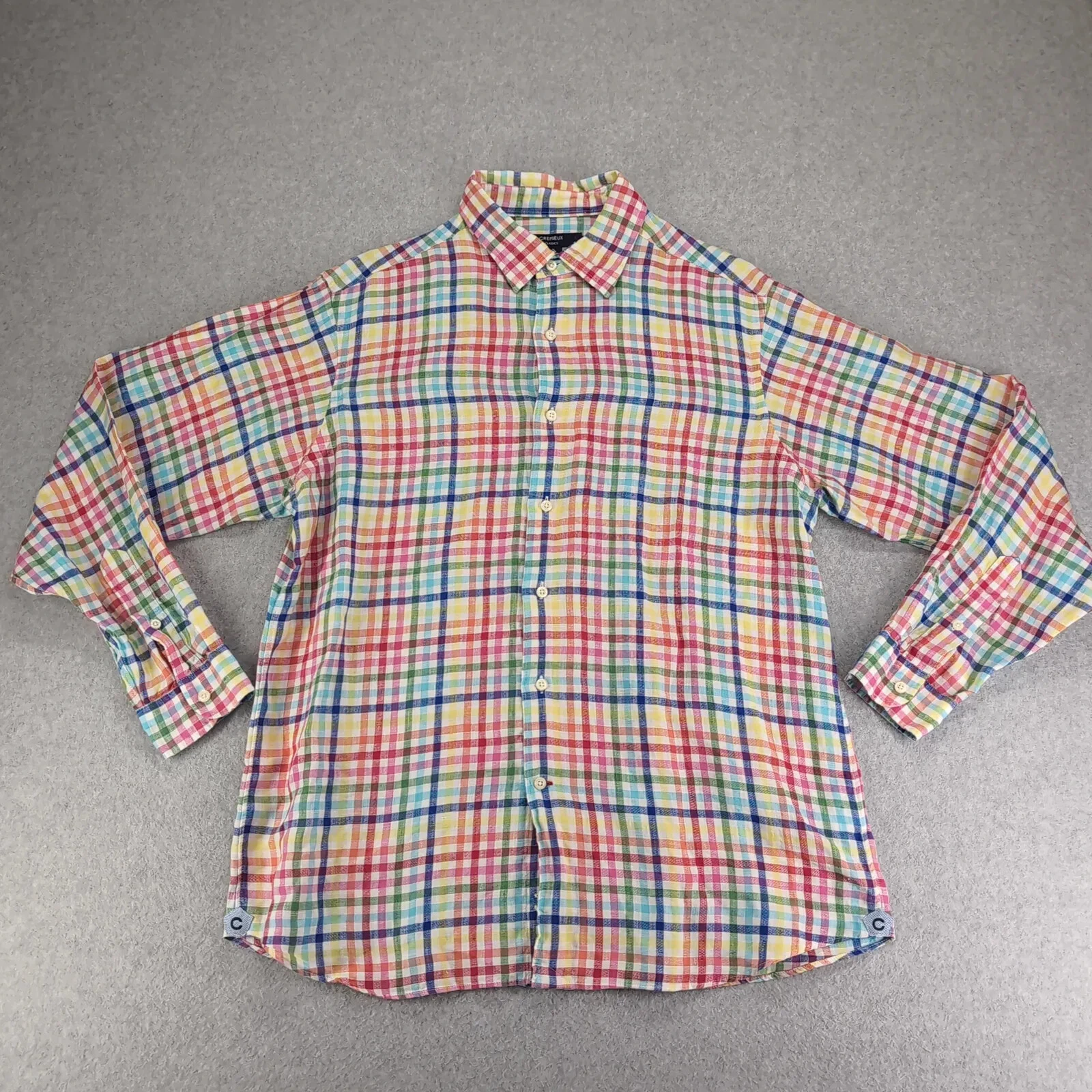 Cremieux Shirt Mens Large Multicolor Plaid Long Sleeve 100% Linen Button Up