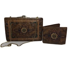 VTG 70s Tooled Leather Clutch Handbag Wallet Set Painted Convertible Boho 8x5