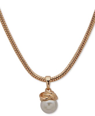 Anne Klein Gold-Tone Imitation Pearl Knot Pendant Necklace 16'' + 3'' Extender