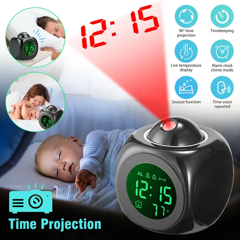 LED Projection Alarm Clock Digital LCD Display Voice Talking Weather Snooze USB - Image 2 of 4