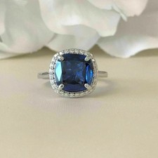 Lab-Created 3Ct Blue Sapphire Women's Halo Engagement Ring 14K White Gold Plated