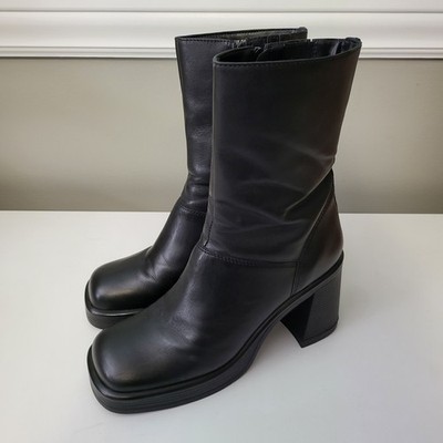 Steve Madden Sz 10M Fantsie Platform Boots Leather Square Toe Black Y2K Chunky 