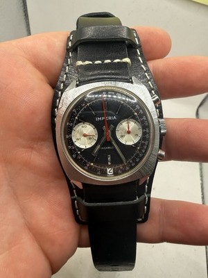 VINTAGE Imperia Chronograph Landeron 187 Reverse Panda Date Steel Mens RUNS 
