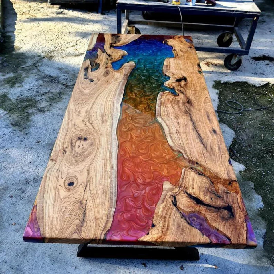 Custom Rainbow Epoxy Resin Dining Table Multi-Color Live Edge Wood Coffee Table - Image 4 of 4