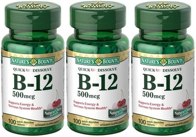 Nature's Bounty B-12 Quick Dissolve Tablets 500 Mcg, 100 Count (Pack of 3) 