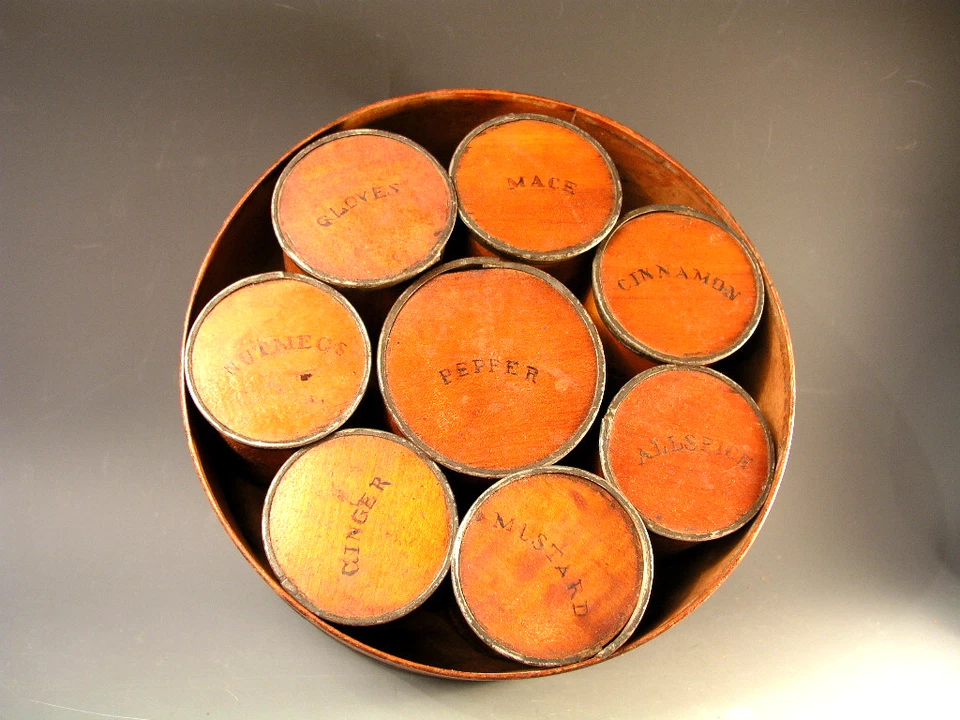 Rare Antique Spice box trimmed / tin ARABIAN CAMEL TOP LID Newark, N.J.SET OF 8 - Image 3 of 4