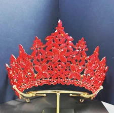 Quinceanera Crown, Red Crystal Crown, Crystal Bridal Tiara, Prom Gold Headdress