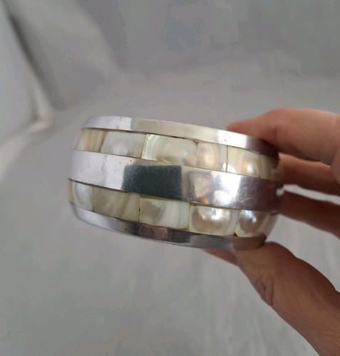 Vintage Mother of Pearl Set Broad Chunky Bangle Chrome Silver Colour Metal