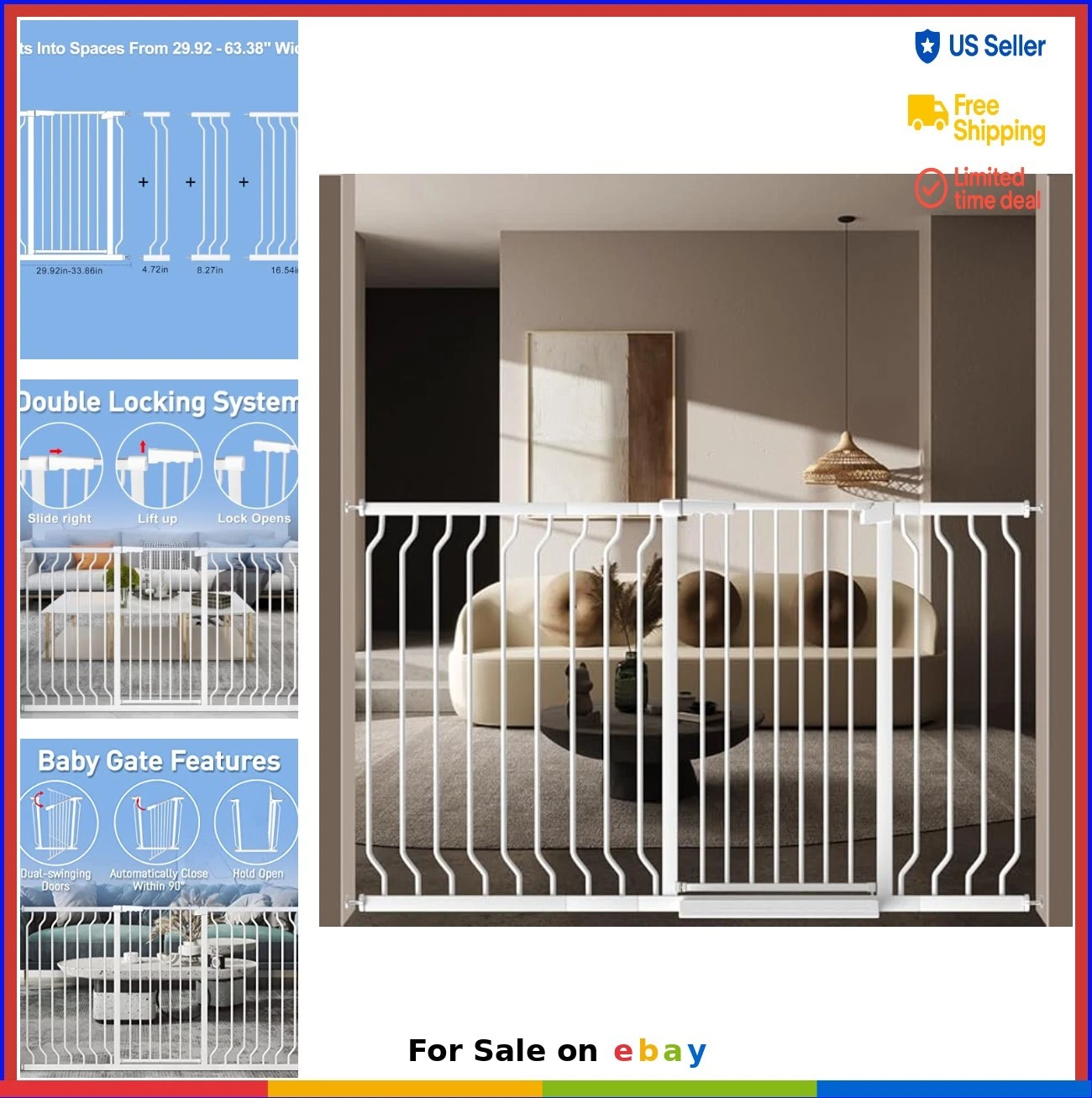 Extra Tall Baby Gate 40.55 Inch 29.92-63.38 Wide Pressure Mount Walk Through