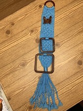 Vintage Blue Macrame Towel Holder 2ring Unique Hippie Butterfly 28  long