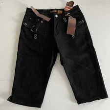 Y2K Crest Women 13/14 Jean Crop Black Denim Gothic Metal Glam Rock Pop 34x17 NEW