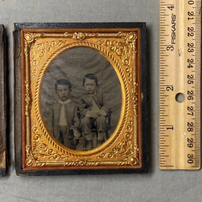 #ad 1 6 Plate Ambrotype Photo 1850s Brothers Full Split Union Case Troy NY Zouave $146.99
